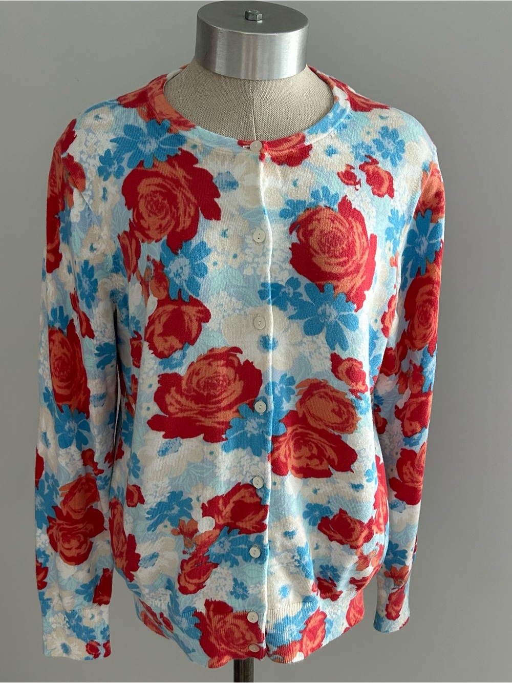 Lands’ End 100% Cotton Floral Button Front Cardigan Sweater M 10-12